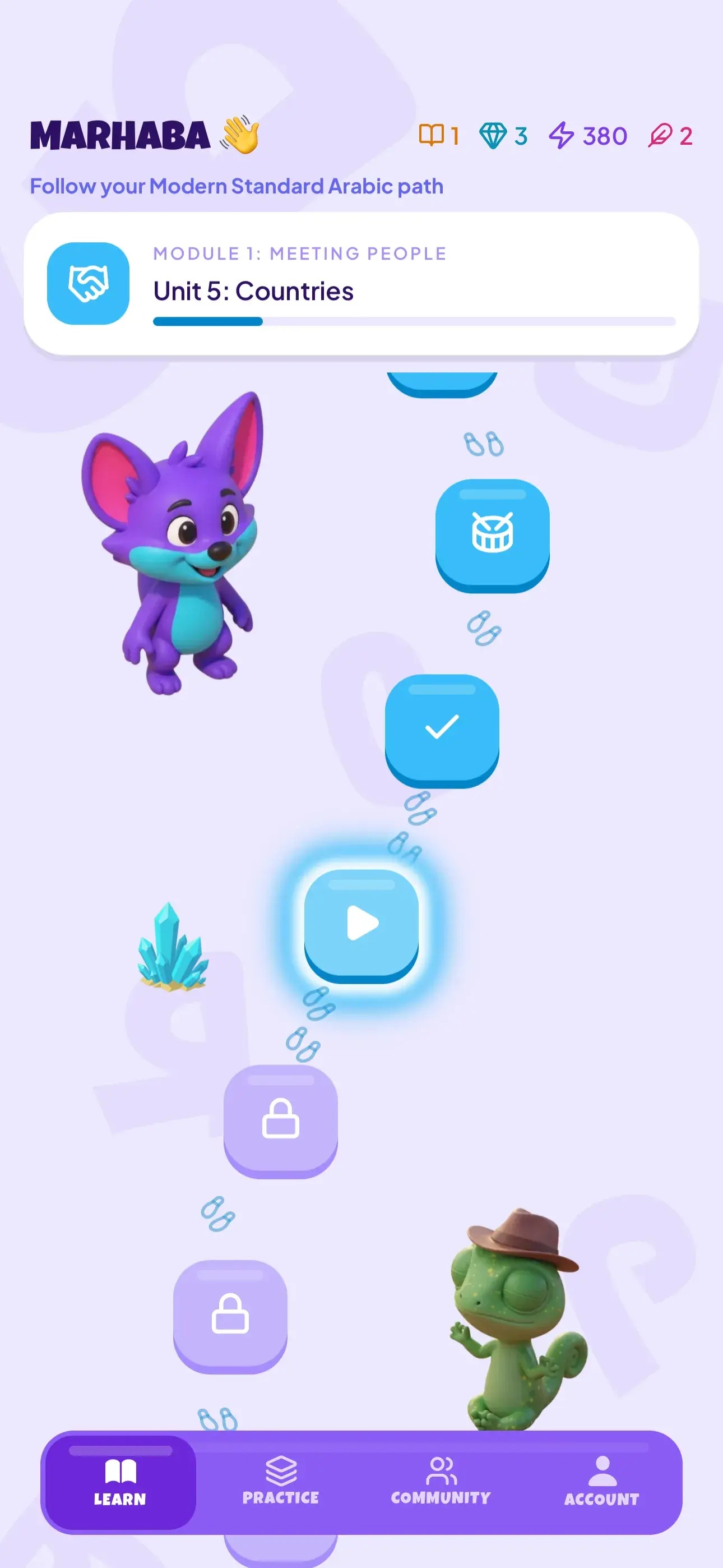 ArabyBuddy’s home screen: the learning path, with the next lesson lit up
