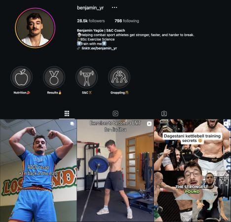 Benji’s Instagram profile, coaching bio and first three post thumbnails