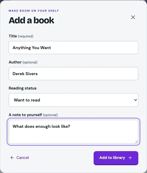 The Add a book form with a title, optional author, reading status and optional note.