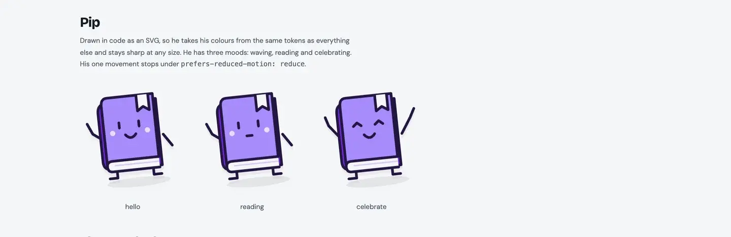 The Pip section of the reference style guide: three purple book characters labelled hello, reading and celebrate, above a note that Pip is drawn in code as an SVG.