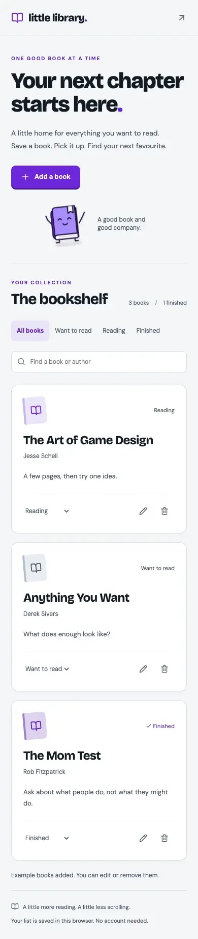 The finished reading list at phone width, with Pip, the search field, status filters and book cards stacked in one column.