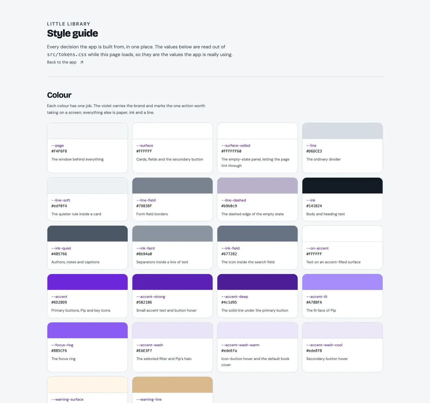 The top of the reference style guide: a heading reading Style guide, and a grid of colour swatches each labelled with its token name, its hexadecimal value and the job it does.